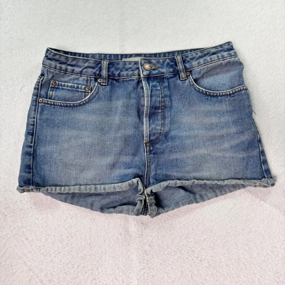 Topshop Moto Mini Denim Shorts Women's Size 8 Blue Rolled Hem Y2K Summer
